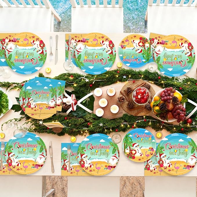 150Pcs Christmas in July Plates and Napkins - Merry Christmas Dinner Dessert Paper Plates Napkins Tableware Set for Hawaiian Beach Summer Xmas Decorations Party Supplies Tables Decor Favors,Serves 50