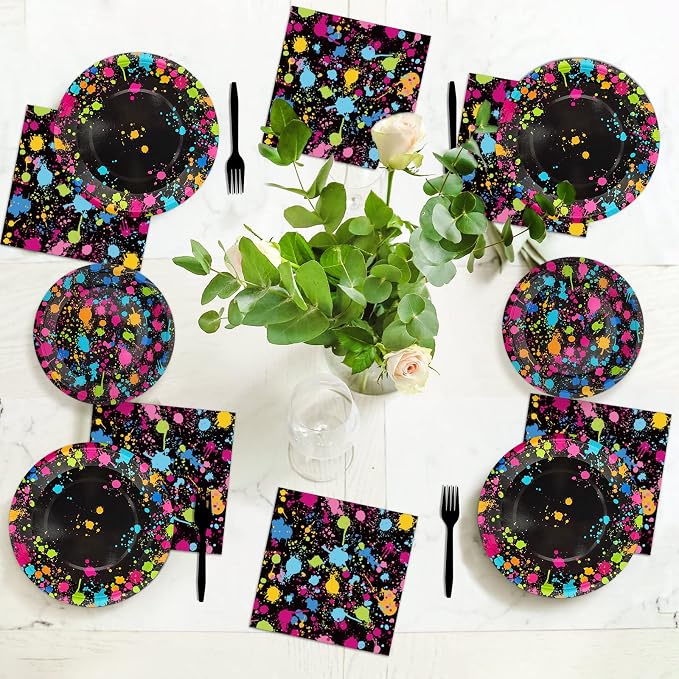 Neon Party Supplies for 24 Guests Neon Plates and Napkins Tableware Set Glow Disposable Paper Dinnerware Colorful Graffiti Birthday Party Decoration Favor Birthday Baby Shower Celebration，96 Pieces