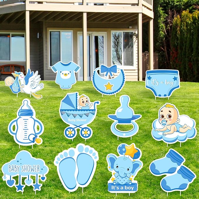 12 Pcs Blue Baby Shower Yard Decoration Its a Boy Outdoor Yard Sign with Stakes Welcome Baby Boy Decorations Waterproof Stork Elephant Yard Decor for Gender Reveal Home Garden Lawn Blue Party Supplies