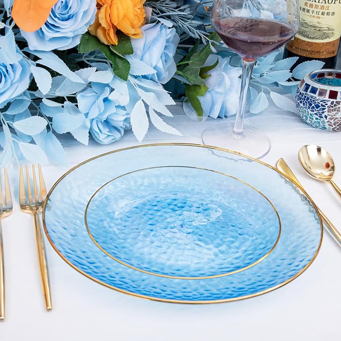 Rubtlamp 60Pcs Clear Blue Plastic Plates, Hammered Blue Plates, Clear Fancy Disposable Plates With Gold Rim Include 30 Dessert Plates, 30 Dinner Plates for Party