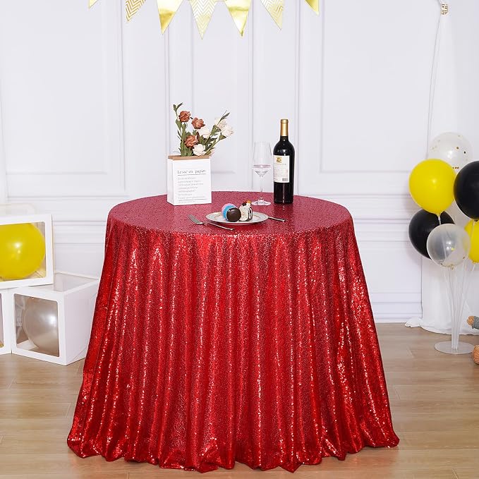 Poise3EHome 90 Inch Round Red Sequin Tablecloth for Party Cake Dessert Table Exhibition Events