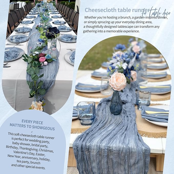 1 Pack Cheesecloth Table Runner 10FT Dusty Blue Table Runner Boho Gauze Cheese Cloth Table Runners Long Rustic Sheer Table Decorations for Wedding Party Baby Bridal Shower Birthday Holiday Home