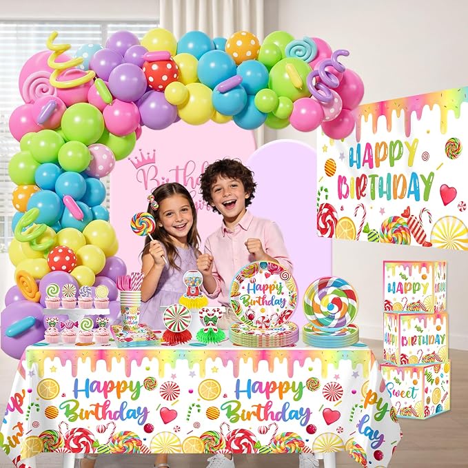 281pcs Candyland Party Decorations, All-in-One Party Pack for 25 Guests, with Balloon Arch, No-DIY Banner, Thick Plates and Napkins, Tablecloths, Easy Setup for Candy Birthday Party