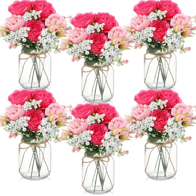 Zeyune 6 Sets Mason Jar Centerpiece Table Decorations, Artificial Peony Baby's Breath Flower Bouquets, Faux Flowers with Vase, Rustic Decor Gifts for Home, Wedding, Holiday (Pink Mix)