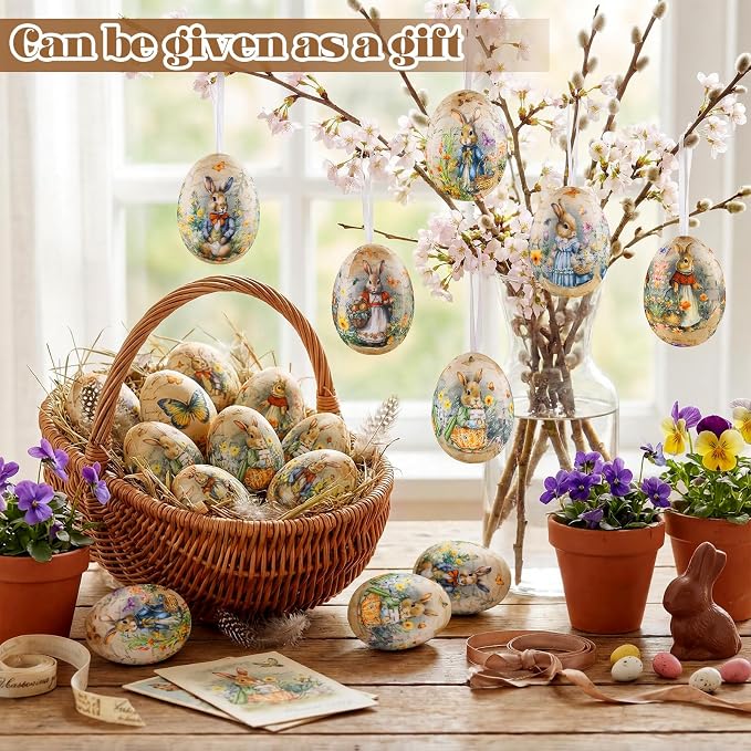 Outus 18 Pcs Easter Egg Ornaments Vintage Easter Egg Hanging Ornament Colorful Decorative Rabbit Hanging Ornaments for Tree Spring Farmhouse Home Fireplace Decoration Holiday Party Favors