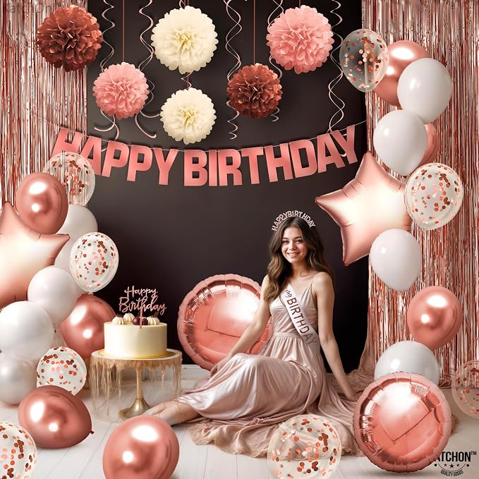 KatchOn, Rose Gold Birthday Decorations Set - Pack of 47 | Banner, Balloons, Pompoms, Headband, Sash & Fringe Curtains | Birthday Decorations for Women Girls | Girls Birthday Party Decorations