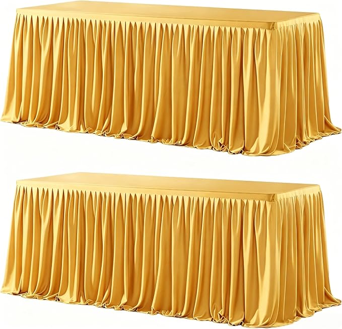 Wish Care 2 Pack Gold Rectangle Table Clothes for 8 Foot Tables, Polyester Fitted Tablecloths 8ft Stretch Table Cover for Wedding, Birthday, Parties, Trade Show, Craft Show