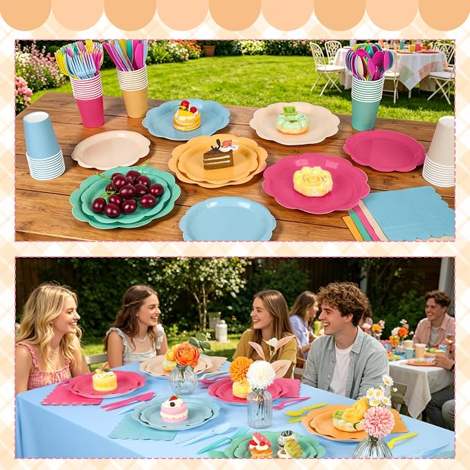 350 Pcs Candy Colors Party Plates and Napkins Party Supplies - Colorful Birthday Decoration Include Candy Colors Scalloped Plate Napkin Cup & Cutlery for Baby Shower, Wedding, Birthday, Bridal Shower