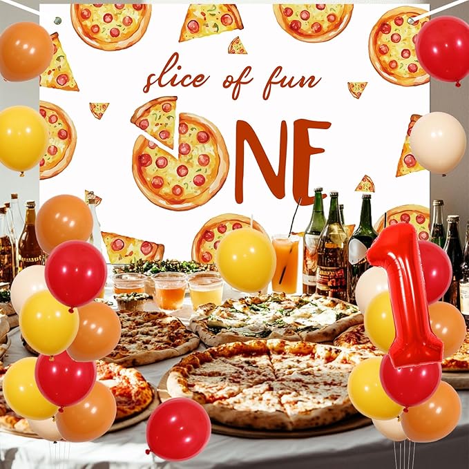 Pizza 1st Birthday Party Decorations - Pizza Theme 1st Birthday High Chair Banner and Photo Banner Slice of Fun Backdrop Fast Food Pizza Cake Topper Red Yellow Balloons for Kids First Bday Supplies