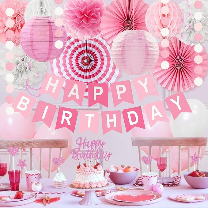 Pink Birthday Party Decorations, 66PCS Light Pink Happy Birthday Decor for Women&Girls with Banner, Balloons, Paper Fans, Flowers, Lanterns and garland etc. for Any Occasions