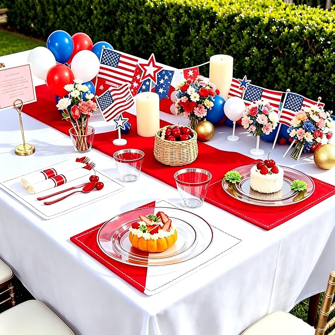 SUT 175 Pcs Red and Clear Plastic Dinnerware Set for 25 Guests, Include: 25 Dinner Plates, 25 Dessert Plates, 25 Pre Rolled Napkins With Silverware, 25 Cups, Disposable Plates for Party