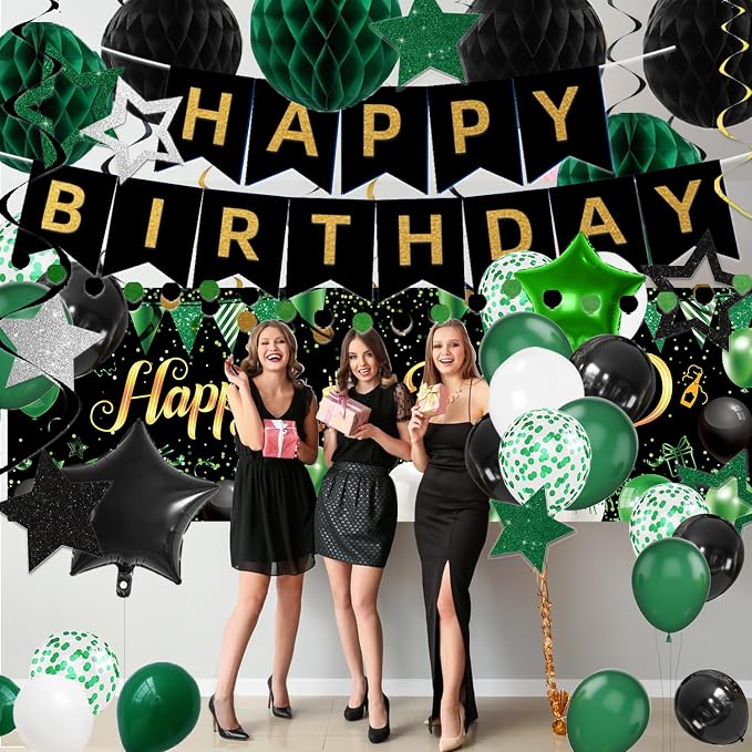 Green Black Birthday Decorations, Happy Birthday Banner, Backdrop, Balloons, Honeycomb Balls, Star Foil Balloons, Stars Hanging Swirls & Cake Topper for Baby Boys Girl Men Women Birthday Decoration