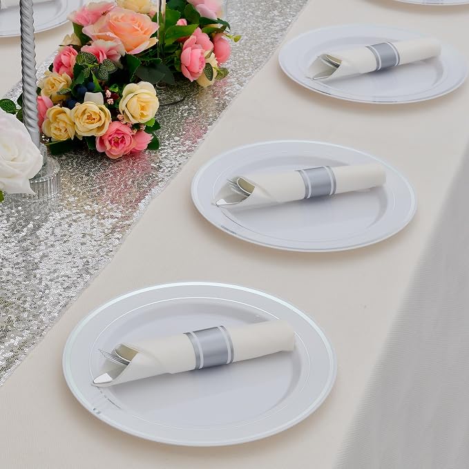 100 Pack Pre Rolled Silver Plastic Silverware Set with Napkins,Disposable Wrapped Heavy Duty Cutlery Set for Wedding Birthday Party-100 Forks,Knives,Spoon,Utensils Set,Plasticware Bulk