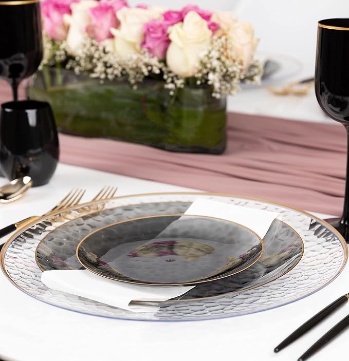 PLASTICPRO 128 Piece Combo Plates Set includes 64-7'' inch Plates & 64-10'' inch Plates Black transparent Hammered Plastic PartyPlates Premium heavyweight Elegant, Disposable, Tableware, Dishes,
