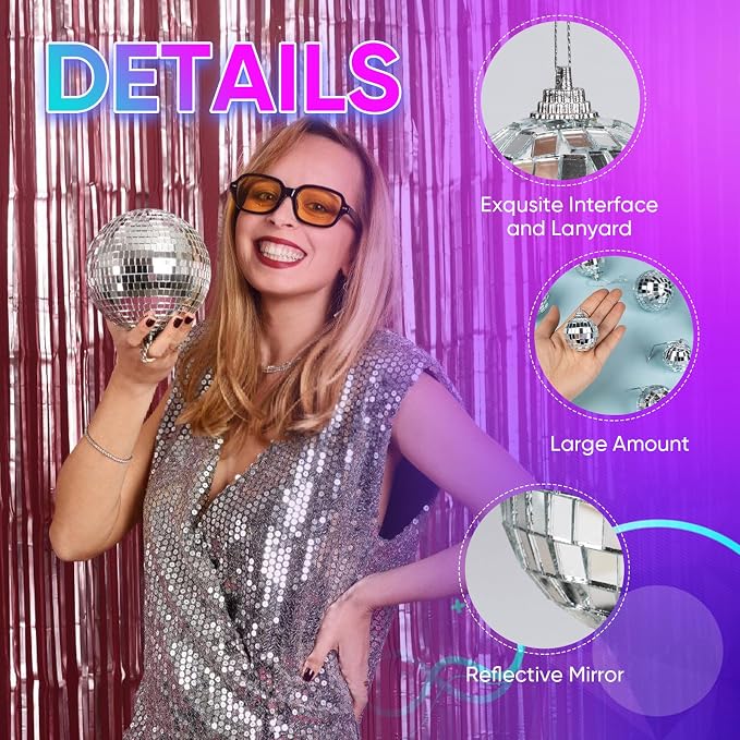 Mini Mirror Disco Ball Ornaments: Hanging Disco Ball Silver Party Decorations Set 28 Pack - Small Mirror Balls Decor for Wedding Christmas Birthday Cake Topper (1.2/1.6/2/2.4 Inch)