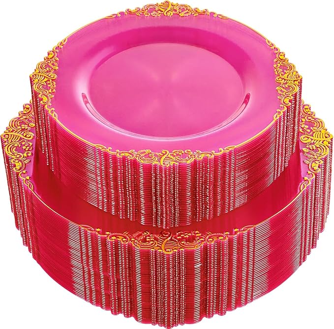 102PCS Clear Hot Pink Plastic Plates - Pink Disposable Plate with Gold Rim - Hot Pink Party Plates Include 51PCS 7.5inch Dessert & 10.25inch Dinner Plate for Wedding Birthday Party