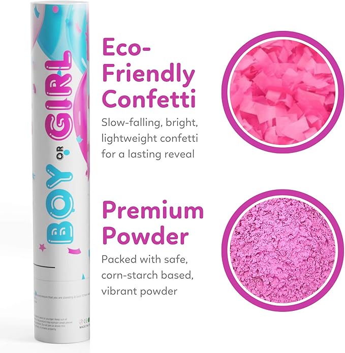 TUR Party Supplies Gender Reveal Poppers | 2 Pink Confetti & Powder Cannons | Biodegradable | Baby Gender Reveal Decorations