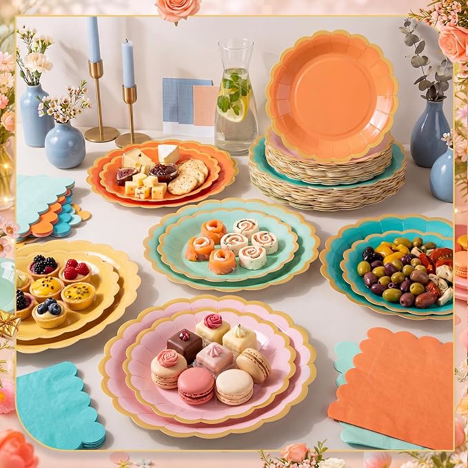 Zhehao 150 Pcs Colorful Coral Plates and Napkins Tableware Serves 50 Includes 9 Inch 7 Inch Rainbow Scalloped Wave Edges Paper Plate and Napkins for Wedding Birthday Baby Shower Party
