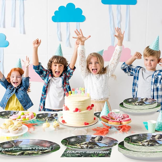 96Pcs Dinosaur Birthday Party Decorations Dinosaur Plates and Napkins Disposable Dino Paper Tableware Set for Dino Theme Jungle Birthday Baby Shower Party Supplies, Serves 24
