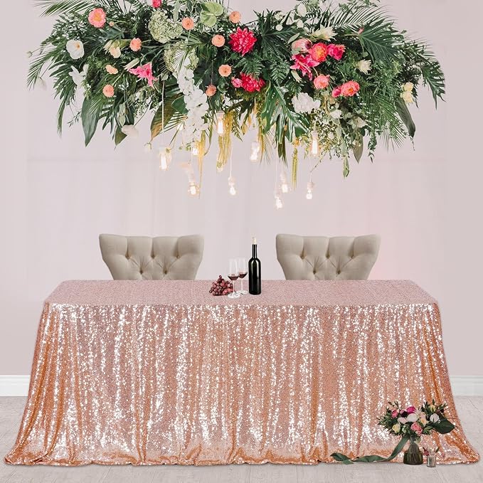 Poise3EHome Rose Gold Sequin Tablecloth 90×156 Inch Rectangle Sparkly Fabric Table Cloth for Birthday Wedding Party Christmas Holiday Baby Shower Decoration