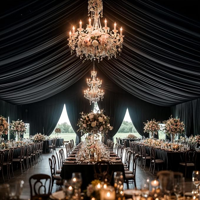 10ft x 30ft Black Ceiling Drapes for Wedding Parties, 2 Panels Wrinkle Free 30 ft Long Ceiling Draping for Tent Canopy, Ceiling Curtains Arch Drapery for Birthday Event Venue Big Events Decoration