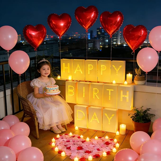 2073Pcs Happy Birthday Decorations with Light Up Letters,Tea Lights Candles Rose Petals Latex Balloons Heart Aluminum Balloons Luminary Bags Party Banner Sign Birthday Surprise Gifts for Women Men