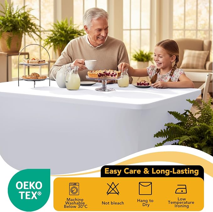 6-Pack Premium White Spandex Tablecloths for 4ft Rectangle Tables, Stain & Wrinkle-Resistant, Washable Stretch Polyester Fitted Table Cover for Weddings, Banquets, Trade Shows Events