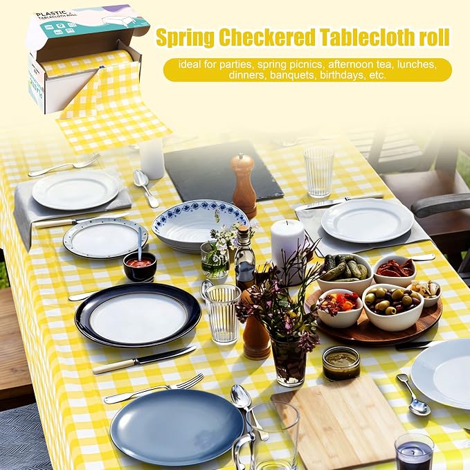 Kochorie 54 Inch x 300 Ft Light Yellow Checkered Plastic Table Cloth Roll Disposable Waterproof Table Cover Plastic Table Cover Roll with Easy Slide Cutter for Outdoor Picnic/Home Dining/Spring Party