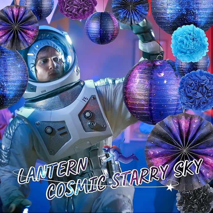 Hortsun 16 Pieces Galaxy Party Decorations Galaxy Print Paper Lanterns Paper Fans Flowers Space Themed Hanging Lanterns Ceiling Decor for Home Birthday Party Decor