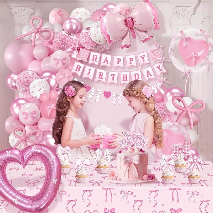154 pcs Coquette Birthday Decorations,Pink Bow Decorations for Women,Happy Birthday Banner For Girl,Pink and White Balloon Arch Kit with Tablecloth Backdrop Cake Topper