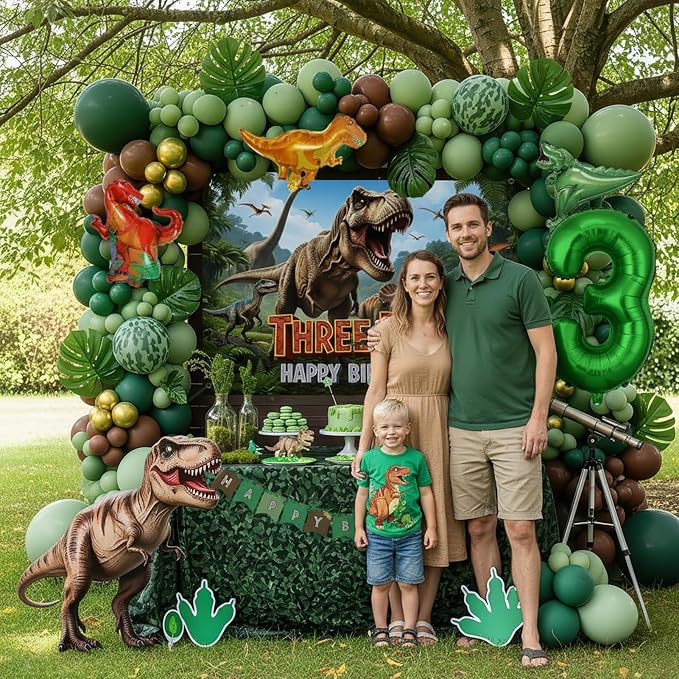 T-Rex Dinosaur Birthday Decorations include Dark Green Brown Gold balloon arch & small Dino Foil balloons & banner backdrop & footprint stickers for Kids Boys Jungle Safari Dino 3rd Party Supplies