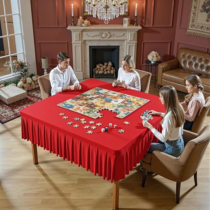 Wish Care Red Spandex Tablecloths for 48x48 Inch Square Tables, Stretch Fitted Table Clothes with Pleated Ruffle Skirt for 48” Table, Wrinkle Free and Elastic, for Party Kitchen Home Dining