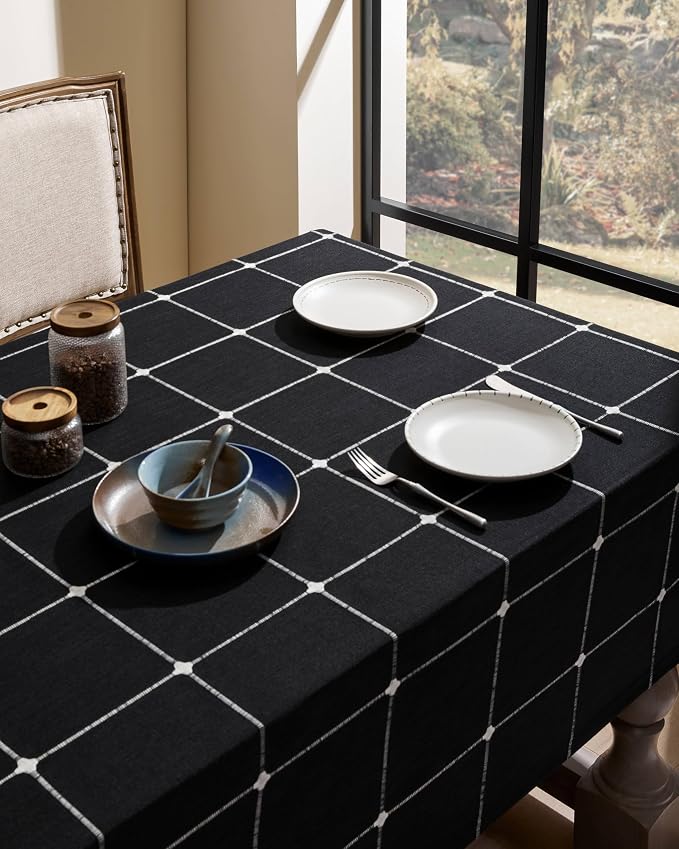 ZeeMart Grid Embroidered Hemmed Tablecloths, Black 60x104 Inch, Farmhouse Style Heavy Weight Cotton Linen Black Tablecloths, Boho Plaid Water Resistant Rectangle Table Cloth