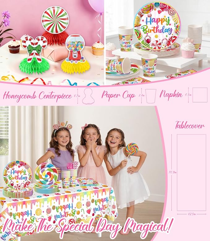 281pcs Candyland Party Decorations, All-in-One Party Pack for 25 Guests, with Balloon Arch, No-DIY Banner, Thick Plates and Napkins, Tablecloths, Easy Setup for Candy Birthday Party