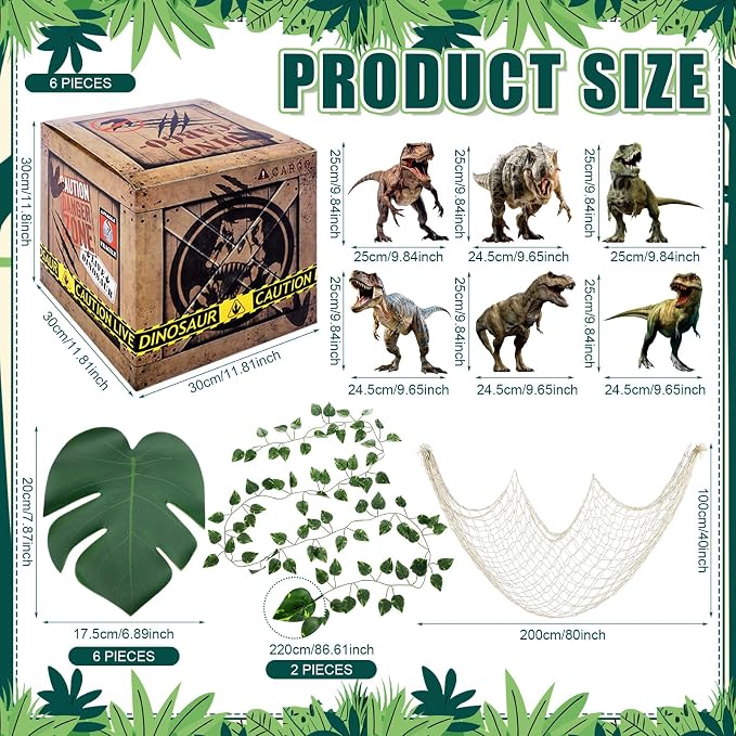 21 Pcs Dinosaur Party Decorations 12 x 12 x 12 Inch Dinosaur Theme Boxes Dino Table Centerpieces Dino Cardboard Palm Leaf Artificial Rattan Net for Birthday Party Supplies Decor