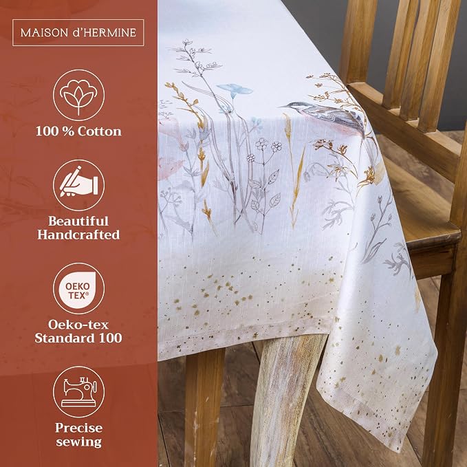 Maison d' Hermine Table Cloth Square Table 100% Cotton 54 x 54 Inches Tablecloth Reusable Decorative for Dining Kitchen Room Farmhouse Party Home Hotel Restaurant Spring Summer- Meadow Florals - Beige