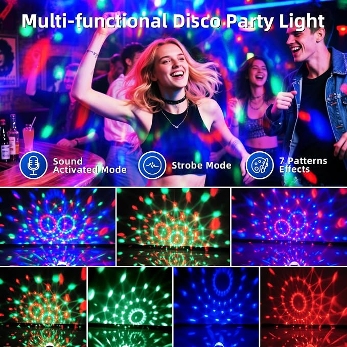 2-Pack Disco Ball DJ Party Lights, Sound Activated Strobe Stage Light, 7 Modes LED Lights for Home Room, Dance Parties, Karaoke, Birthday Decor