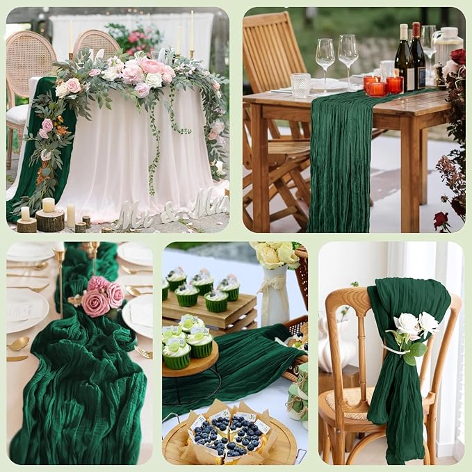 6PCS Table Runner Cheesecloth 10FT Emerald Green Boho Gauze Cheese Cloth Rustic Sheer Table Runners for Wedding Bridal Baby Shower Party Decoration