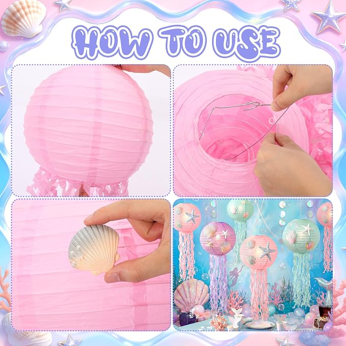 VioraWhite 18 Pcs Mermaid Birthday Party Decorations 6 Pcs 9.8'' Hanging Jellyfish Paper Lanterns 8 Starfish Decor 2 Holographic Iridescent Dot Garlands for Mermaid Under The Sea Ocean Birthday Decor