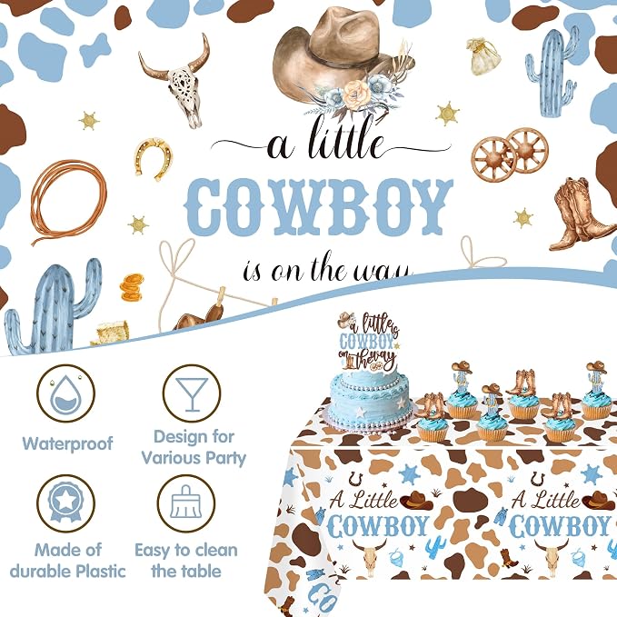 Cowboy Baby Shower Decorations for Boy - Western Theme Party Supplies Include Balloon Garland Arch Kit, Backdrop, Tablecloth, 4 Balloon Boxes, Cake Topper - A Little Cowboy is on the Way Decor Blue