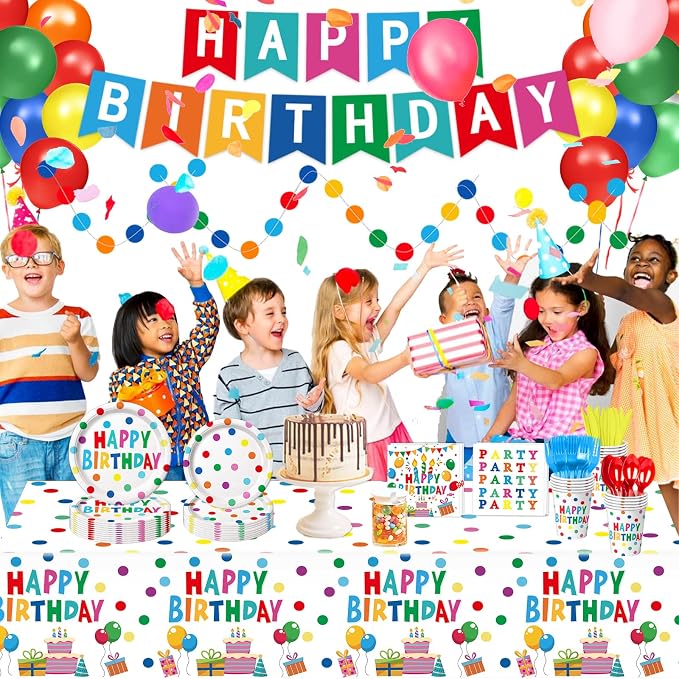 Happy Birthday Decorations - Colorful Dots Birthday Party Supplies Includes Plates, Napkins, Cups, Cutlery, Banner, Hanging Swirl, Tablecloth, Balloons for Birthday Decorations, Serves 24