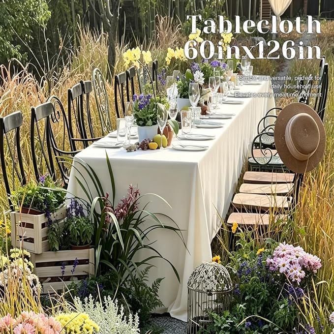 WIGENIUS 2 Pack Ivory Table Cloth Rectangle Tablecloths 60X126 Inch,Polyester Table Cloth for 8 Foot Rectangle Tables,Wrinkle Resistant Washable Fabric Table Covers for Party,Wedding Banquet