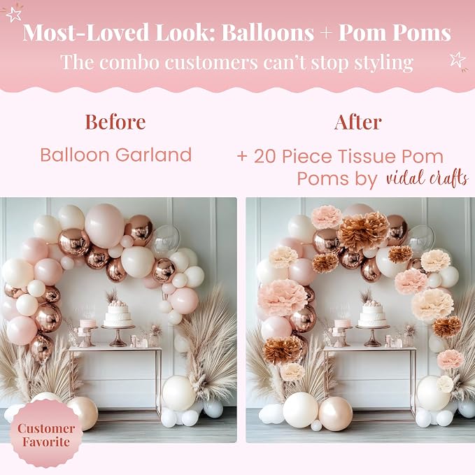 Vidal Crafts 20-Piece Boho Tissue Paper Pom Poms - Hanging Tissue Paper Flowers for Bridal Shower Decorations, Baby Shower Decorations for Girl, Wedding, Birthday Party - Assorted Sizes 6" to 14"