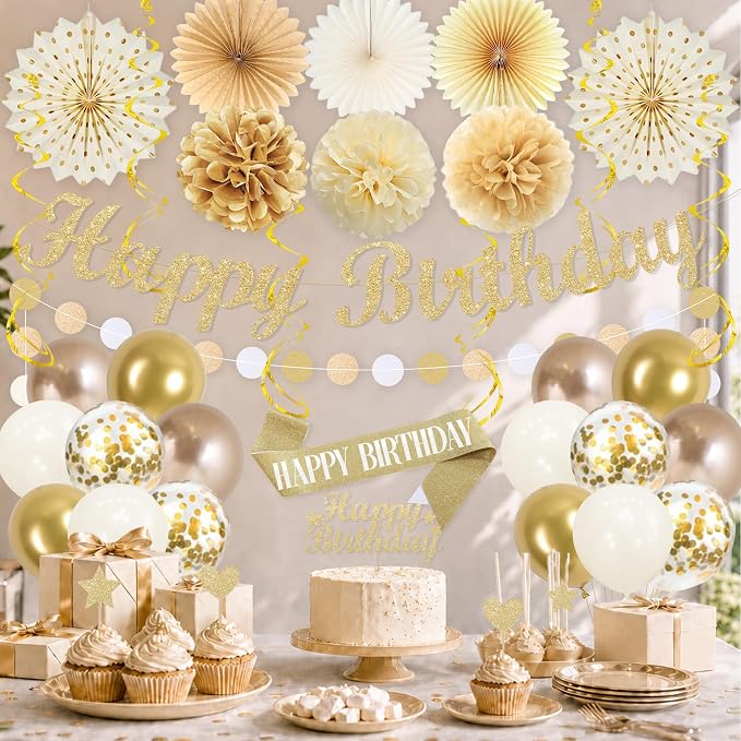 Vlipoeasn Champagne Gold Birthday Party Decorations Set, Happy Birthday Banner Cake Topper Paper Fans Pompoms Latex Balloons Kit, Party Supplies for Women Men Adults Kids Indoor Backdrop Decor