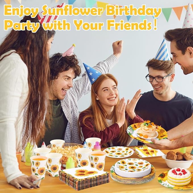 Pickmesh 400 Pcs Sunflower Party Supplies for 50 Guests Disposable Paper Plates Napkins Cups Spoons Forks Knives for Birthday Wedding Bridal Shower Baby Shower Sunflower Table Decorations