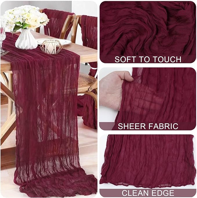 Burgundy Valentine's Day Cheesecloth Table Runner 21x120 Inch Gauze Table Runners Reusable Polyester 10ft Boho Rustic Cheese Cloth Table Runner for Wedding Party Baby Shower Birthday