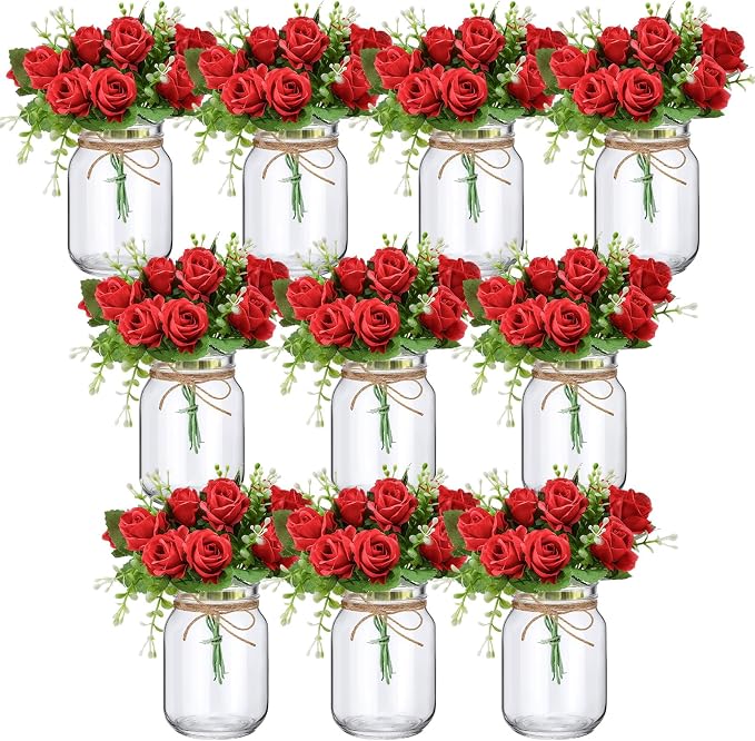 XunYee 10 Set Mason Jar Table Centerpiece with Flower Mason Jar Flower Centerpiece Vases Decor for Engagement Party Bridal Shower Wedding Reception Table Decor(Red,Red Rose)