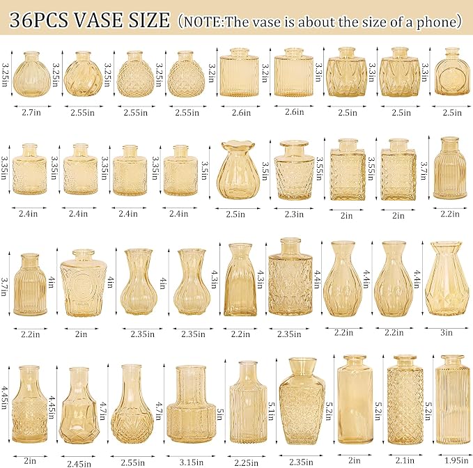 36Pcs Bud Vases Set Small Vintage Glass Bottles Bud Vases in Bulk Multiple Shape Cute Glass Vases for Rustic Wedding Centerpieces Table Decorations and Home Decor (Champagne)