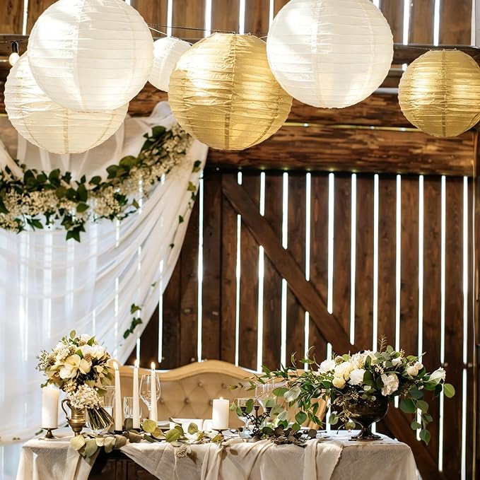 20Pcs Paper Lanterns Decorative, Gold and Ivory Round Hanging Paper Lanterns Decorations for Rustic Party Bridal Shower Wedding Birthday Party Supplies