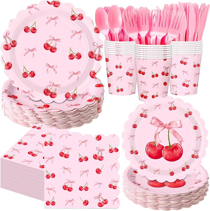400 Pcs Cherry Birthday Party Decorations for 50 Guests, Red Pink Cherry Bow Scalloped Paper Plates Napkins Cups Cutlery for Pink Bow Coquette Baby Shower Bridal Shower Party Supply